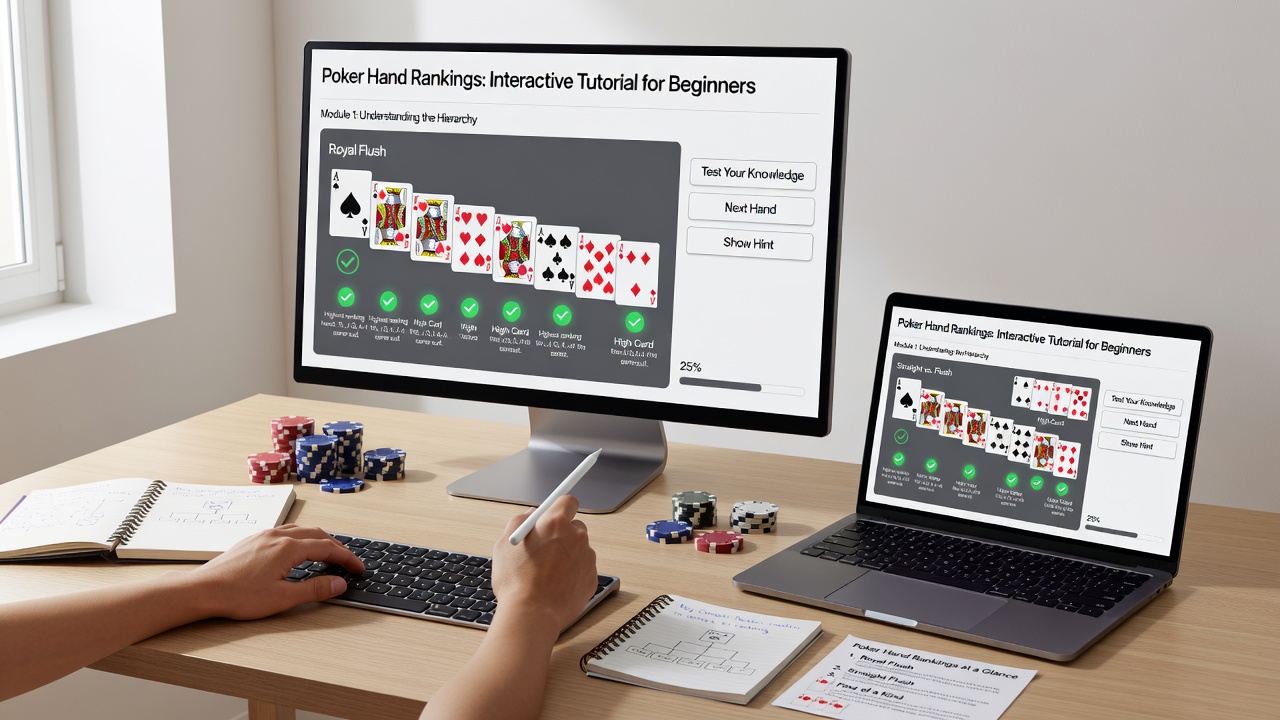Beginner using poker software tutorial with hand ranking quiz overlay